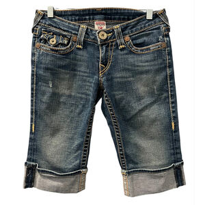 True Religion Sophie Bermuda Cuffed Size 27 Super T Embroidered Denim Shorts
